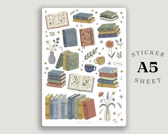 A5 Bookish Sticker Sheet – Vintage Books, Floral Journaling Stickers