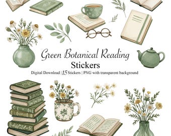 Grüne botanische Lese Aufkleber | Buch & Tee PNG für GoodNotes