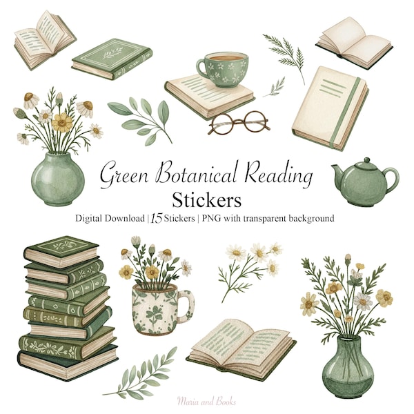 Green Botanical Reading Stickers | Book & Tea PNG for GoodNotes