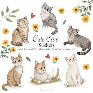 Puede incluir: Una colección de pegatinas de gatos en acuarela en varias poses, rodeadas de girasoles, corazones y vegetación. Se muestra el texto "Cute Cats Stickers", junto con detalles sobre la descarga digital.