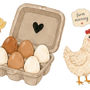 Close up of farm stickers with eggs in carton and hand painted chicken illustration in soft gouache watercolor style