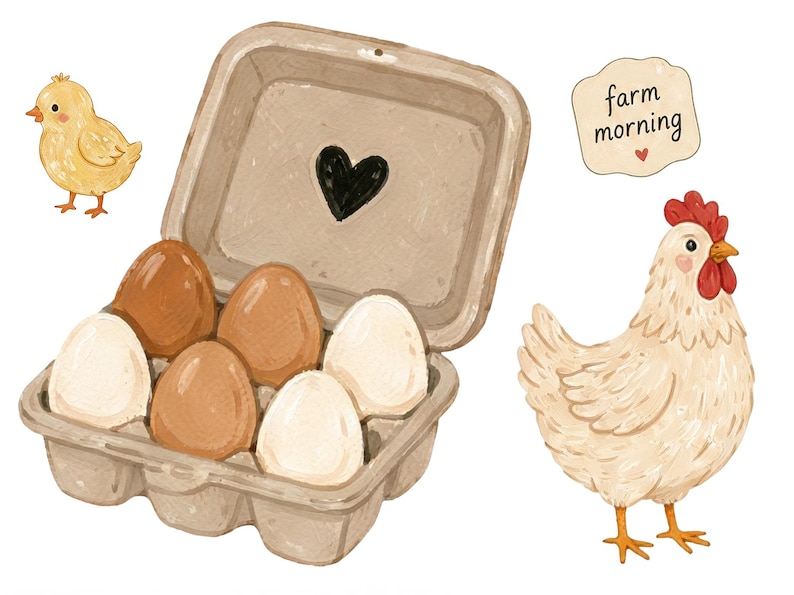 Close up of farm stickers with eggs in carton and hand painted chicken illustration in soft gouache watercolor style