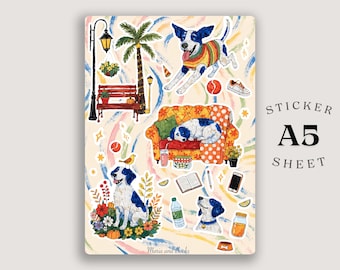 Gemütlicher Hunde Sticker Bogen A5 | Aquarell Welpe, Floral, Cottagecore Planer Aufkleber