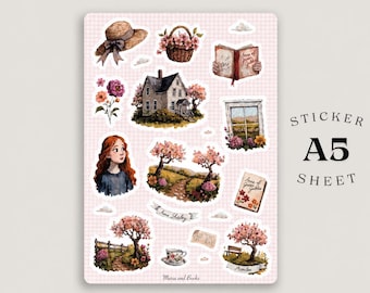 Cottagecore-Stickerbogen mit weicher Haptik, A5 | Frühlingshafte Cottagecore-Sticker | Gemütliche Sticker für Bücherliebhaber | Florale Journal-Sticker | Vintage-Landhausstil