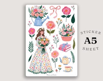 Cottagecore Blommig Flicka Klistermärkesark – A5 Romantiska Trädgård Planer Stickers för Journaling & Scrapbooking
