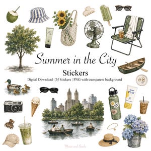 Op de afbeelding: Waterverfillustratie van stickers met zomerthema. De afbeelding bevat verschillende items zoals een boom, zonnebril, ventilator, boot, camera en stadsgezicht. Tekst luidt "Summer in the City Stickers".