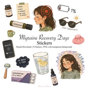 Könnte beinhalten: Ein digitaler Download-Grafiksatz mit dem Titel "Migraine Recovery Days Stickers". Das Bild zeigt Illustrationen von Gegenständen wie einer Person mit Kopfschmerzen, Medikamenten, einem Wasserglas mit Zitrone, Sonnenbrille und einer Notiz mit der Aufschrift "Ruhe, Flüssigkeit, Sei lieb zu mir selbst."