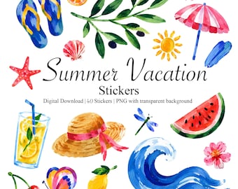 Aquarell Sommerferien Aufkleber | Strand Planer Clipart (digitaler Download)