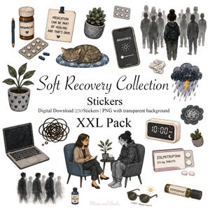 Può includere: Illustrazione digitale di un pacchetto di adesivi a tema salute mentale. L'immagine include un laptop, un gatto, un telefono, pillole, un orologio e il testo "Soft Recovery Collection Stickers XXL Pack".