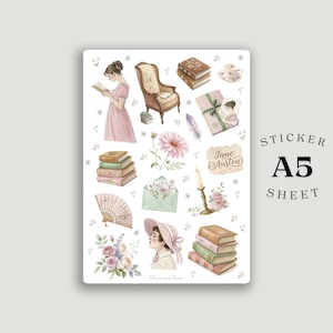 Puede incluir: Hoja de pegatinas A5 con ilustraciones de acuarela de libros, flores y una mujer con un vestido rosa leyendo. La hoja incluye el texto "Jane Austen" y "Music and Books". Las pegatinas tienen un tema vintage y romántico.