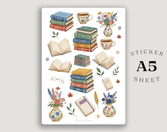Book Lover A5 Sticker Sheet – Vintage Books, Tea Journal, Watercolor Cottagecore Stickers