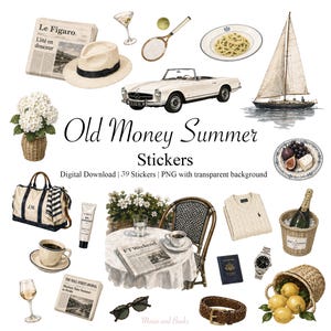 Old money summer digital stickers with coastal European luxury aesthetic