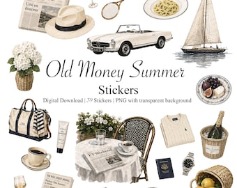 Altes Geld Sommer Aufkleber PNG Bundle, Europäischer Sommer Sommer an der Küste, digitale Aufkleber, Ruhiger Luxus Ästhetik, GoodNotes Aufkleber