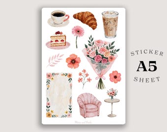 Rosa Mysigt Café-klistermärkesark A5 | Blommiga journalingklistermärken | Kaffe- och croissantklistermärken | Romantiska planeringsklistermärken | Cottagecore Deco