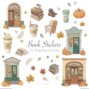 May include: Watercolor illustrations of fall-themed book stickers. The image includes drawings of pumpkins, coffee cups, books, a cozy armchair, and storefronts. Text reads "Book Stickers for Reading Journal."