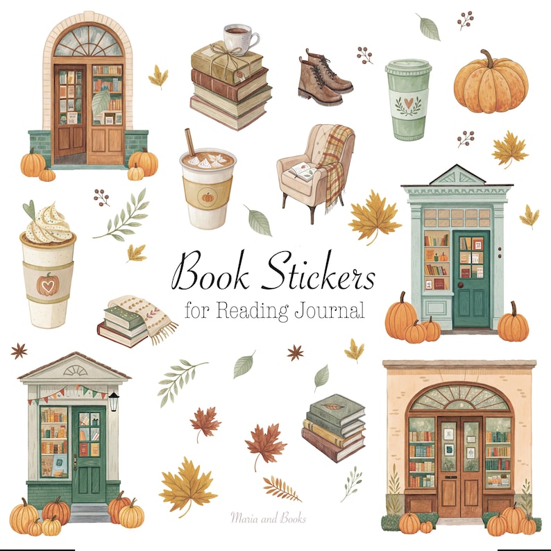 May include: Watercolor illustrations of fall-themed book stickers. The image includes drawings of pumpkins, coffee cups, books, a cozy armchair, and storefronts. Text reads "Book Stickers for Reading Journal."