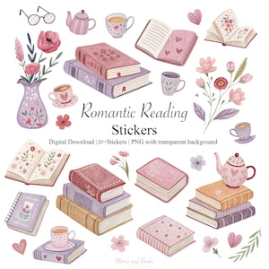 Pegatinas de lectura romántica / Libro floral y té / Pegatinas de planificador acogedoras de estilo cottagecore en rosa
