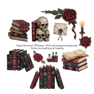 Vampire romance digital stickers preview with gothic books, skulls, roses and dark academia elements, PNG download