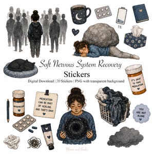 May include: Digital download of stickers with a soft, illustrated theme of mental health and recovery. Includes images of a person, pills, a cat, a coffee mug, and text that reads "It's okay to take medication."