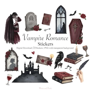 Op de afbeelding: Een verzameling stickers in aquarel-stijl met een vampierromantiek thema. De stickers bevatten een stel, een grafsteen, een kist, een kasteelsilhouet, boeken, rozen, een raaf en andere gotische elementen. De tekst "Vampire Romance Stickers" wordt weergegeven.