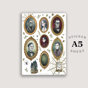 Può includere: Foglio di adesivi A5 con ritratti vintage in cornici dorate ornate, a tema spettrale. Il foglio include ritratti di persone, una casa infestata, ragni e un disegno a ragnatela. Il testo "STICKER A5 SHEET" è visibile.