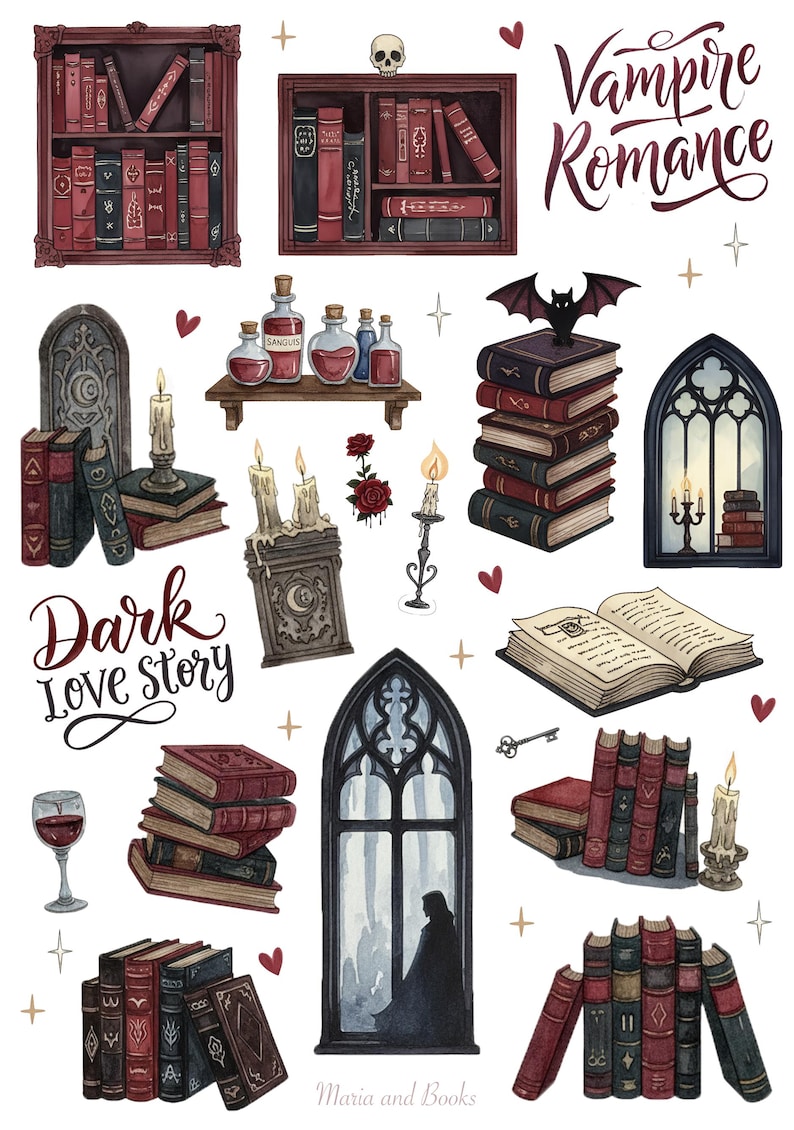 Vampire couple stickers showing dark romantic embrace, gothic love story characters in watercolor illustration