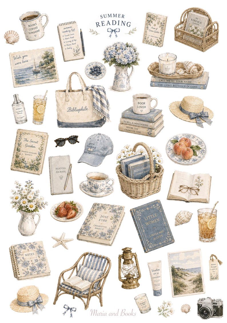 Summer reading sticker pack with vintage books and beach inspired illustrations