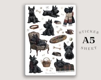 Aufkleberbogen mit schottischen Terriern, Scottie-Hundeaufkleber, A5-Hundeaufkleber, Cottagecore-Aufkleber, Geschenk für Hundeliebhaber, Aufkleber für gemütliche Planer