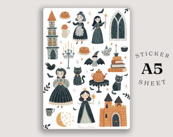 Może przedstawiać: Arkusz naklejek A5 z ilustracjami czarownic, zamków, czarnych kotów i elementów o tematyce Halloween. Arkusz zawiera tekst "Sticker A5 Sheet". Ilustracje są w miękkiej, stonowanej palecie kolorów.