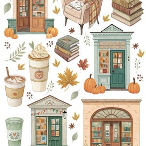 May include: Watercolor illustration featuring cozy autumn elements. Includes images of bookstores, pumpkins, coffee, a reading chair with a plaid blanket, and stacks of books. Fall leaves and decorative accents complete the seasonal theme. The text "Maria and Books" is visible.