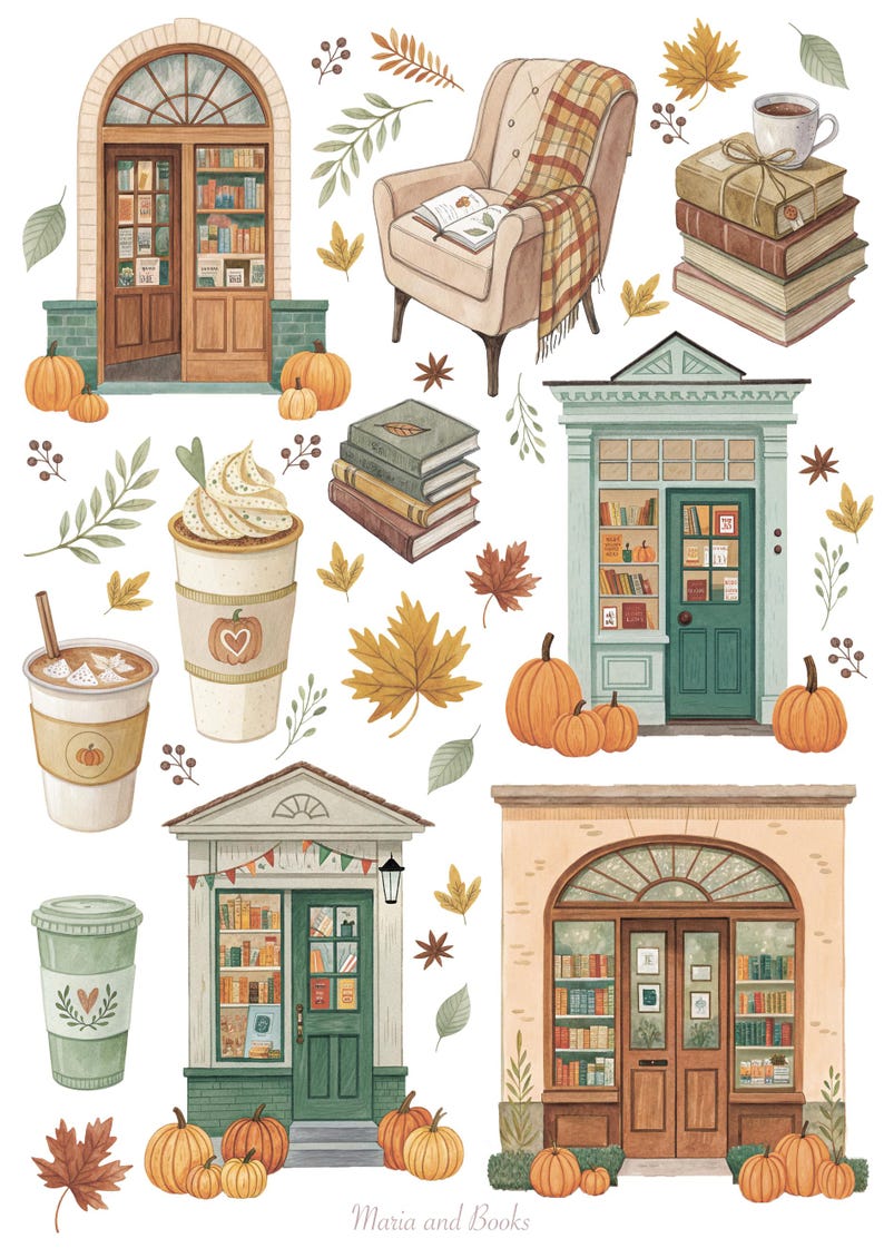 May include: Watercolor illustration featuring cozy autumn elements. Includes images of bookstores, pumpkins, coffee, a reading chair with a plaid blanket, and stacks of books. Fall leaves and decorative accents complete the seasonal theme. The text "Maria and Books" is visible.