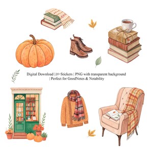 May include: Watercolor illustration of fall-themed digital stickers. The image includes a pumpkin, boots, books, a sweater with a scarf, a cozy armchair, and a storefront. The text "Digital Download | 20+ Stickers | PNG with transparent background" is also visible.