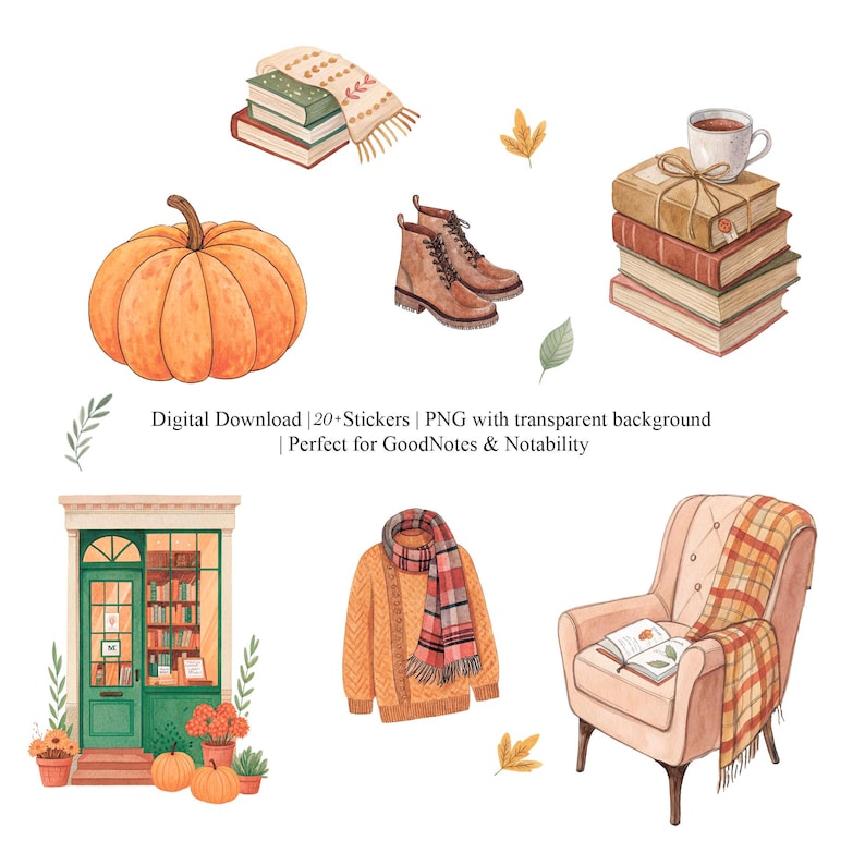 May include: Watercolor illustration of fall-themed digital stickers. The image includes a pumpkin, boots, books, a sweater with a scarf, a cozy armchair, and a storefront. The text "Digital Download | 20+ Stickers | PNG with transparent background" is also visible.