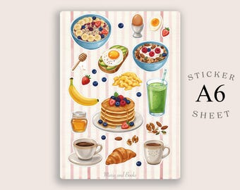 A6 Frühstück Sticker Bogen | Pfannkuchen, Kaffee, Smoothie, Croissant Planer Aufkleber