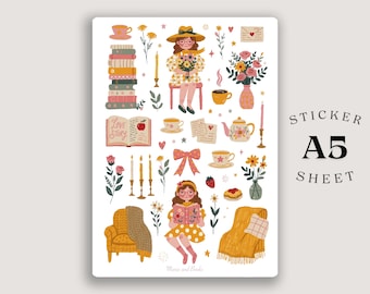Cozy Bookish Cottagecore Sticker Sheet – A5 Reading & Journaling Stickers