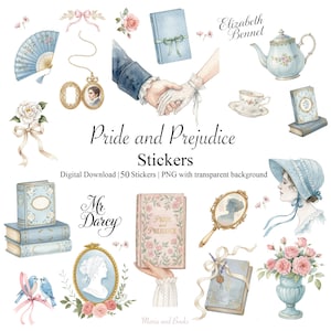 Puede incluir: Una colección de pegatinas de acuarela con elementos de "Orgullo y Prejuicio". Incluye ilustraciones de libros, retratos, tazas de té, un abanico y manos que se sostienen. El texto "Pride and Prejudice" y "Stickers" son visibles.