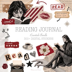 May include: A digital reading journal essentials bundle featuring over 300 stickers. The collage includes black and white photos of people reading, a typewriter, a coffee cup, red lip prints, stars, hearts, and text reading READING JOURNAL.