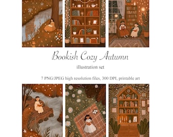 Cozy Autumn Reading Girls Illustration Set: Bookish Hygge PNG (Digital Download)