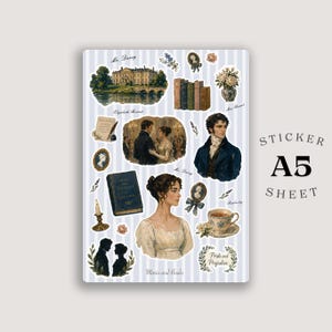 Könnte beinhalten: Ein A5-Aufkleberbogen mit verschiedenen Illustrationen zu Stolz und Vorurteil, darunter ein Herrenhaus, ein Buch, eine Teetasse, Porträts eines Mannes und einer Frau, Silhouetten und florale Motive auf einem hellblau-weiß gestreiften Hintergrund.