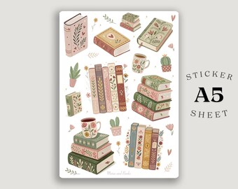 Sage Buchsticker | Gemütlicher Grüner Lese-Stickerbogen A5 | Florale Bücher & Pflanzen