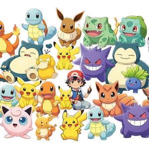 May include: A collection of colorful Pokémon characters, including Pikachu, Charmander, Squirtle, and Eevee. The image features various poses and expressions of the popular animated creatures, with a central figure of a young boy in a red and white hat.