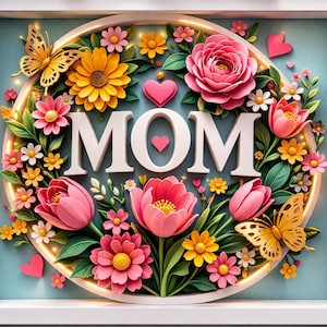 Puede incluir: Una obra de arte floral enmarcada con la palabra "MOM" en letras blancas. El diseño presenta una disposición circular de flores rosas, amarillas y blancas, hojas verdes y dos mariposas doradas. Corazones rosas están dispersos alrededor de las flores.