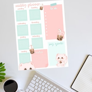 Boba Digital Weekly Planner, Kawaii Stationary, Kawaii Printable, Digital Download, Notes, To Do List, My Goals, Bubble Tea, Danish Pastel