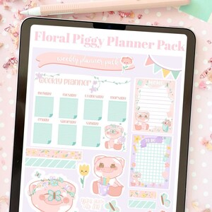 Floral Pig Kawaii Pack for Digital Planner Pink GoodNotes5 Pre-cropped Stickers PNG Stickers iPad Stickers Cute Digital Planning image 1