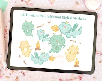 Kawaii Pastel Dragon Goodnotes5 Pre-cropped Clipart Sticker Set | Sticker pack for Digital Planning | Cute Kawaii PNG Planner Stickers