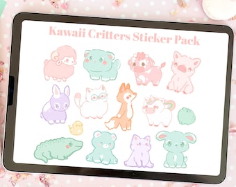 Kawaii Pastel Critters Pre-cropped Goonotes5 Digital Planner Sticker Pack for Digital Planning | Cute Kawaii PNG Planner Stickers |