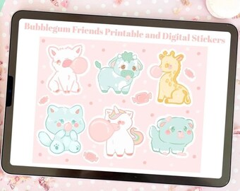 Kawaii Pastel Bubblegum Animal Pre-cropped  Goodnotes5 Stickers | Cute Sweets Kawaii Sticker pack for Digital Planning | PNG Planner Sticker