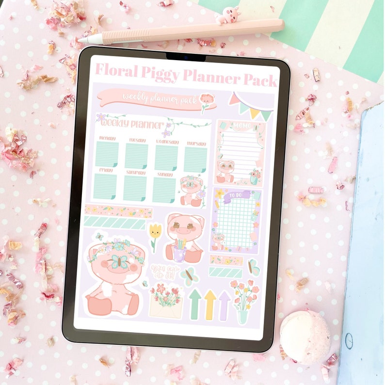 Floral Pig Kawaii Pack for Digital Planner Pink GoodNotes5 Pre-cropped Stickers PNG Stickers iPad Stickers Cute Digital Planning image 1