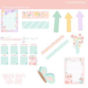 Floral Pig Kawaii Pack for Digital Planner Pink GoodNotes5 Pre-cropped Stickers PNG Stickers iPad Stickers Cute Digital Planning image 5