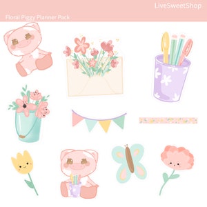 Floral Pig Kawaii Pack for Digital Planner Pink GoodNotes5 Pre-cropped Stickers PNG Stickers iPad Stickers Cute Digital Planning image 4